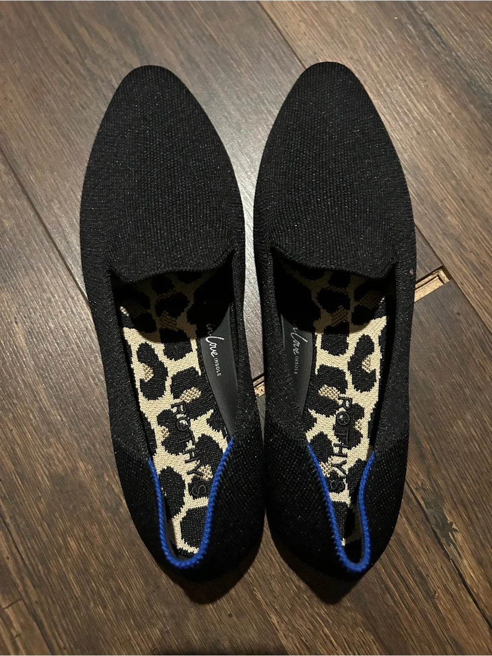Rothy's Black Knit Slip-On Sandals with Blue Trim